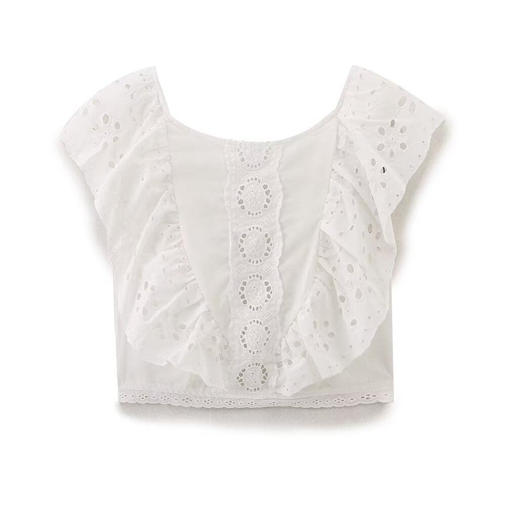 Summer Women Clothing Fashionable All Match Hollow Out Cutout Embroidered Laminated Decoration Top