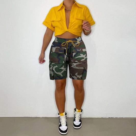 Women Wear Supply – Camouflage-Jeans mit mehreren Taschen, Cargohose, Bermudashorts