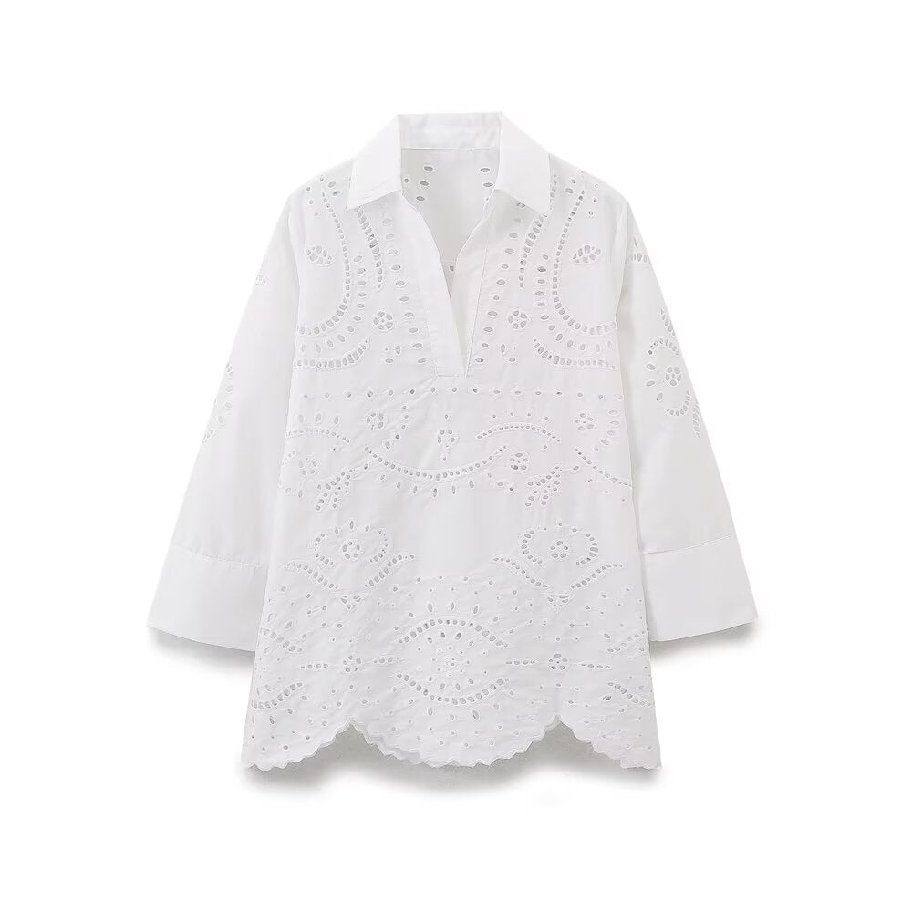 Women Clothing French Loose Hollow Out Cutout Embroidery Loose Shirt