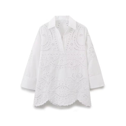 Women Clothing French Loose Hollow Out Cutout Embroidery Loose Shirt