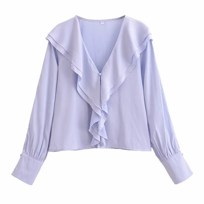 Primavera Slim Fit adelgazamiento elegante francés con volantes suave cuello en V blusa mujer camisa