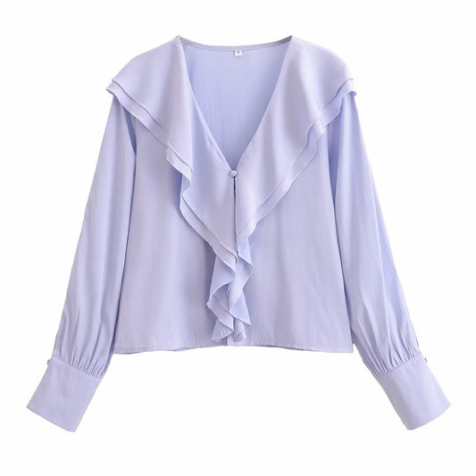 Frühling Slim Fit Abnehmen Elegante Französisch Rüschen Sanfte V ausschnitt Bluse Frauen Hemd