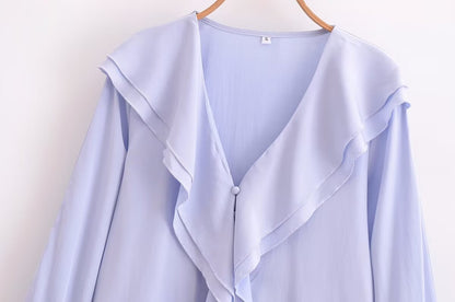 Spring Slim Fit Slimming Elegant French Ruffled Gentle V neck Blouse Women Shirt