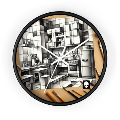 "Cubist Kitchen Collage" - Die Alien Wanduhr im Kubismus Stil