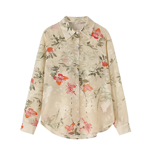 Women Clothing Spring Casual Long Sleeve Collared Floral Print Shirt