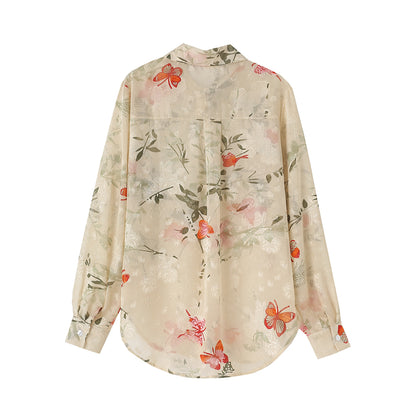 Women Clothing Spring Casual Long Sleeve Collared Floral Print Shirt