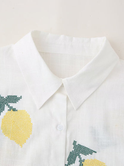 Spring Lemon Embroidery Polo Collar Button Shirt Single Row Multi Buckle