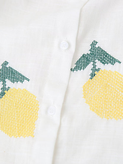 Spring Lemon Embroidery Polo Collar Button Shirt Single Row Multi Buckle