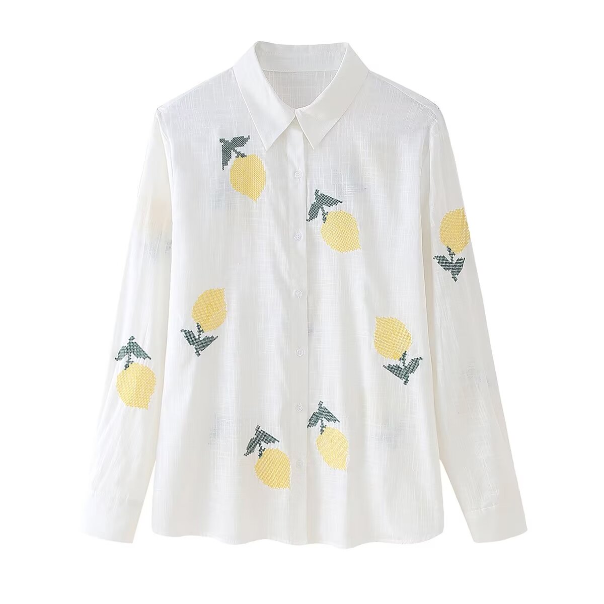 Spring Lemon Embroidery Polo Collar Button Shirt Single Row Multi Buckle