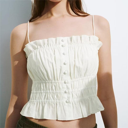 French Pure Sexy Patchwork Waist Slimming Slimming Sling Strap Vest Breasted Pleated Woven Small Top Women