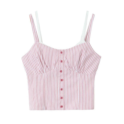 Vintage Stripe Double Shoulder Strap Vest Design Faux Two Piece Single Breasted Decorative Slim Fit Ultra Short Camisole Top