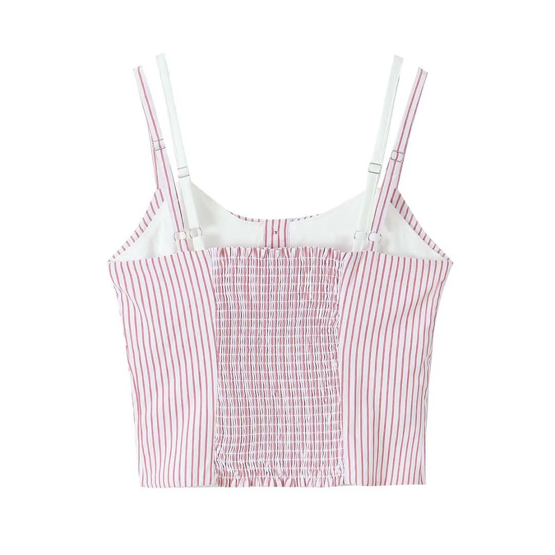 Vintage Stripe Double Shoulder Strap Vest Design Faux Two Piece Single Breasted Decorative Slim Fit Ultra Short Camisole Top