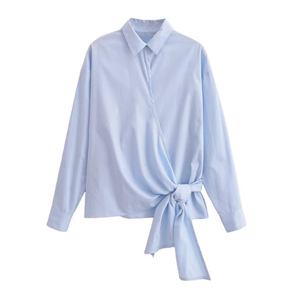 Summer Women Clothing Stylish Simple Bowknot Decoration Poplin Shirt