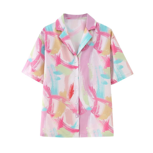 Women Summer Collared Print Short Sleeve Shirt