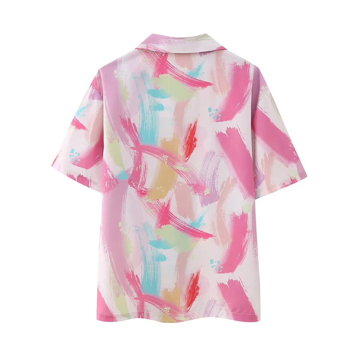 Women Summer Collared Print Short Sleeve Shirt