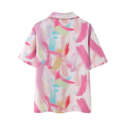 Women Summer Collared Print Short Sleeve Shirt