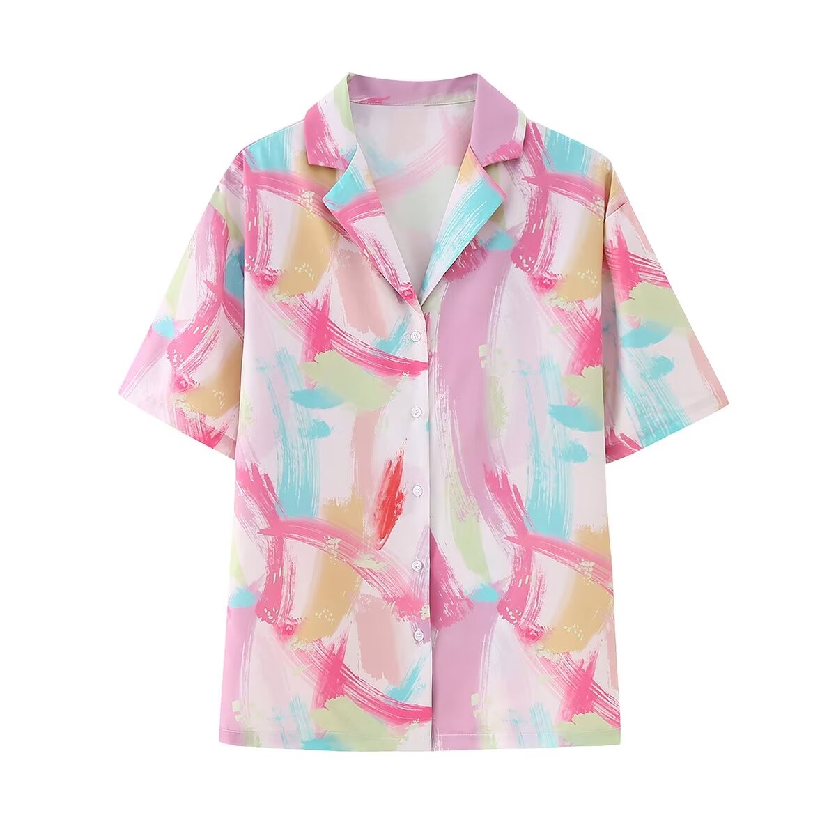 Women Summer Collared Print Short Sleeve Shirt