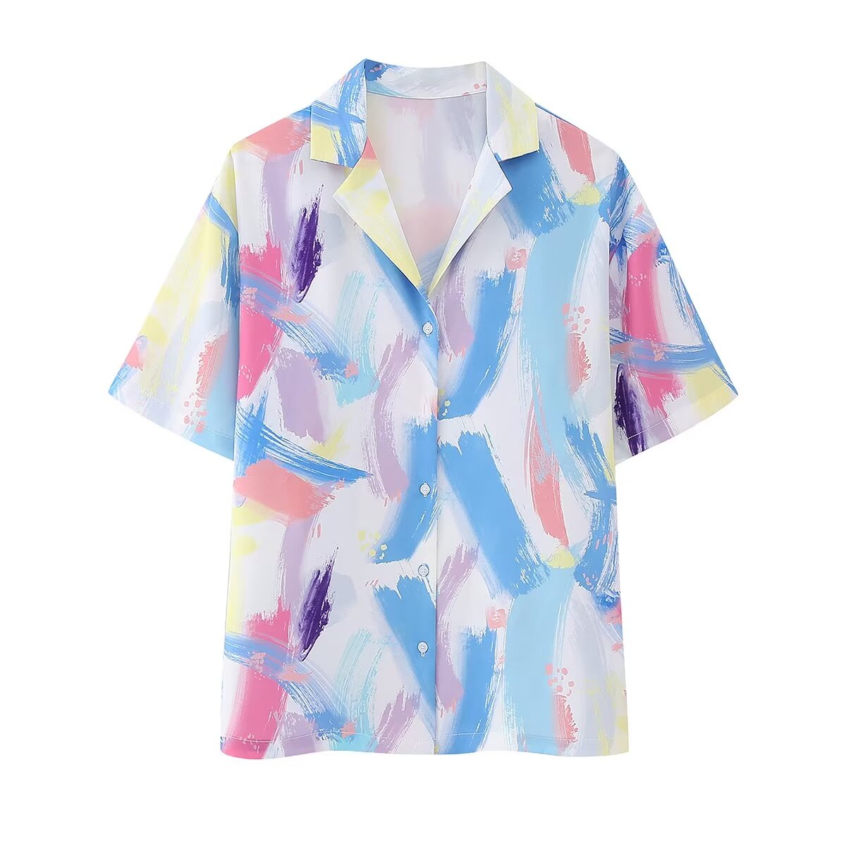 Women Summer Collared Print Short Sleeve Shirt