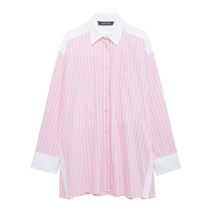 Summer Striped Color Stitching Turnover Neck Loose Poplin Shirt Top