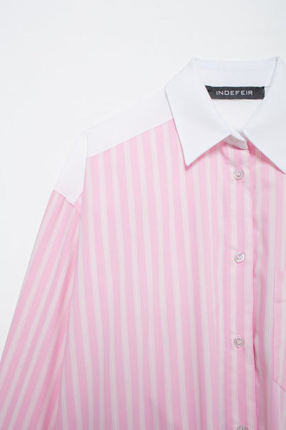 Summer Striped Color Stitching Turnover Neck Loose Poplin Shirt Top