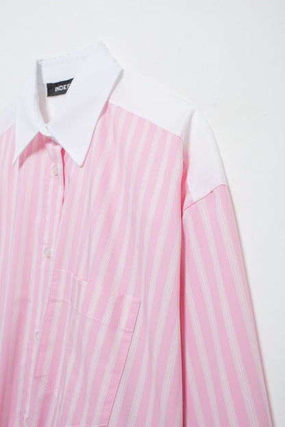 Summer Striped Color Stitching Turnover Neck Loose Poplin Shirt Top