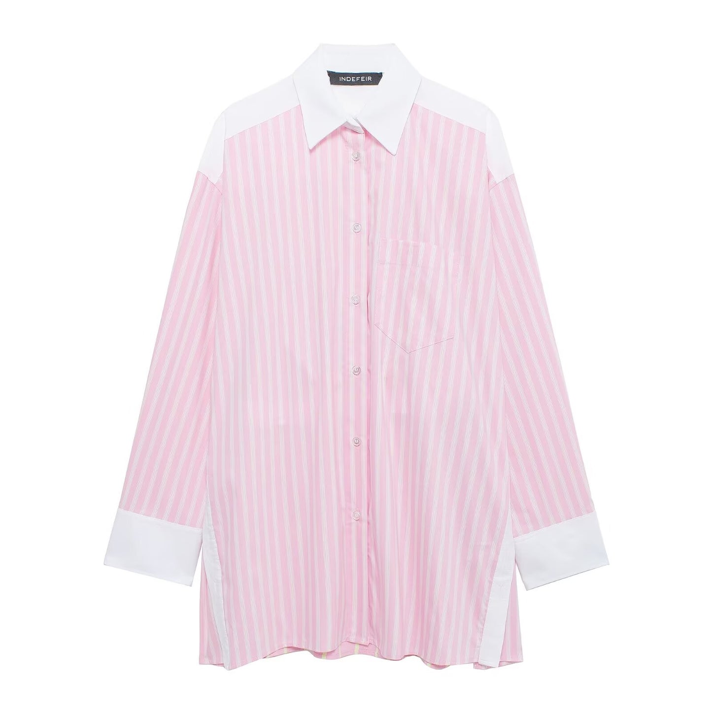 Summer Striped Color Stitching Turnover Neck Loose Poplin Shirt Top