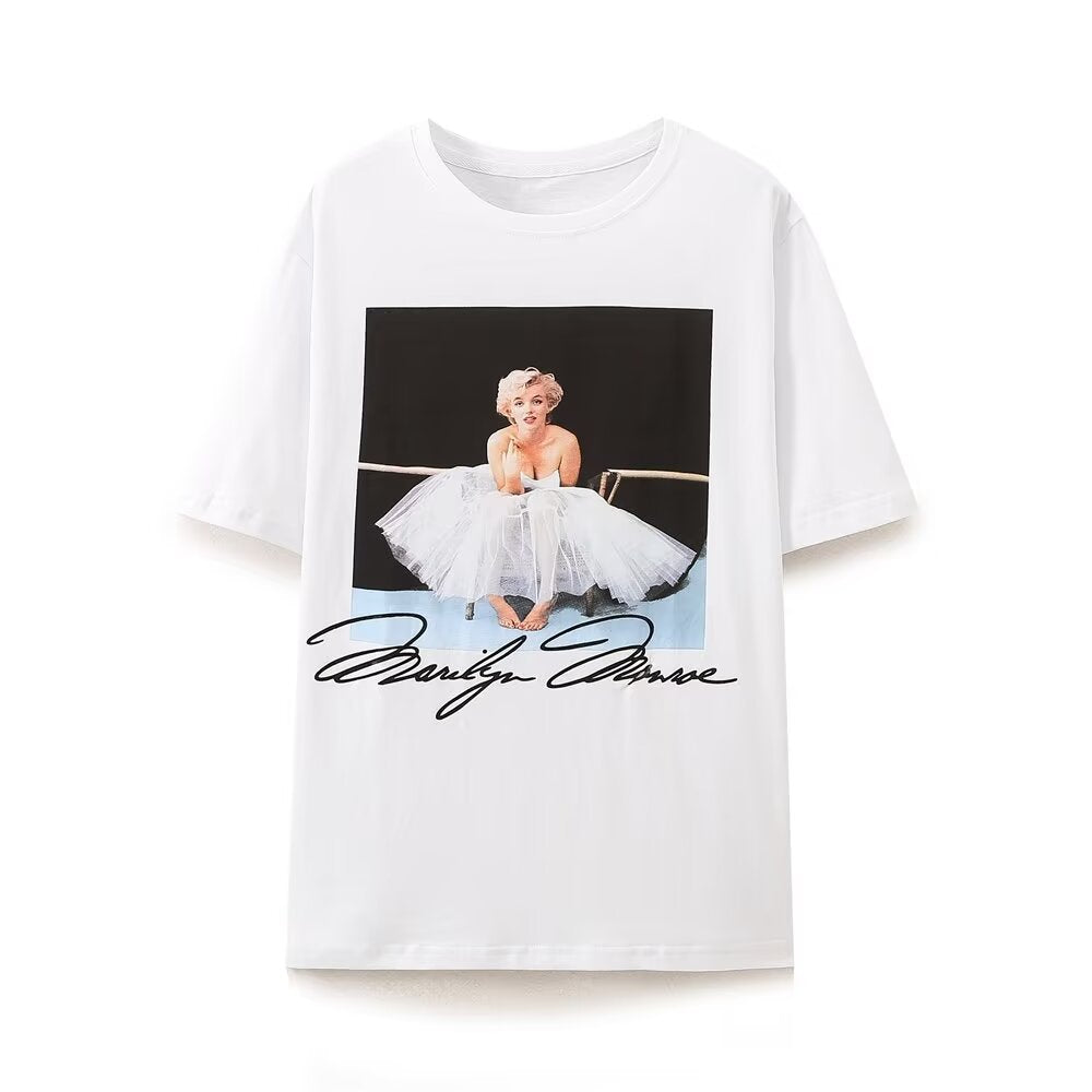 Damenbekleidung, T-Shirt mit Marilyn-Monroe-Aufdruck, kurzärmelig