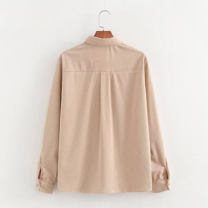 Women Solid Color Double Pocket Decoration Tooling Collared Long Sleeve Loose Shirt