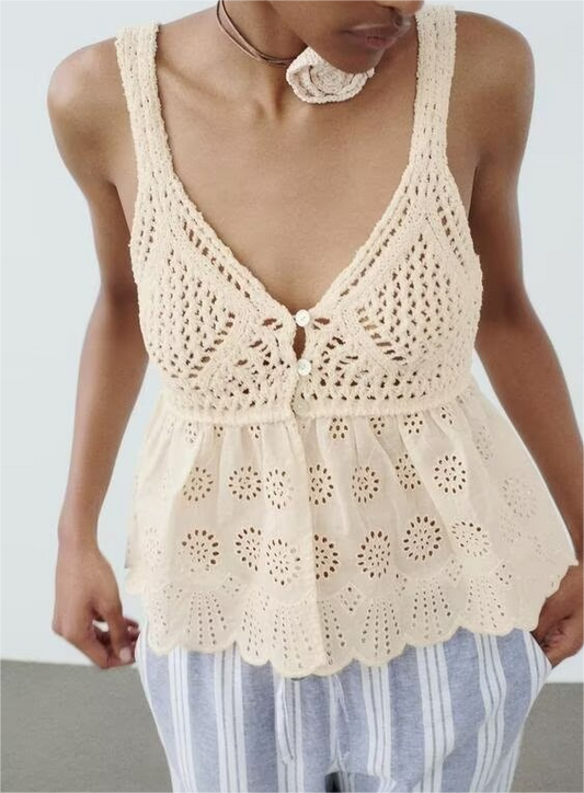 Sommer Damen Kleidung ausgehöhlt Stickerei Nähte gestrickt Sling Top