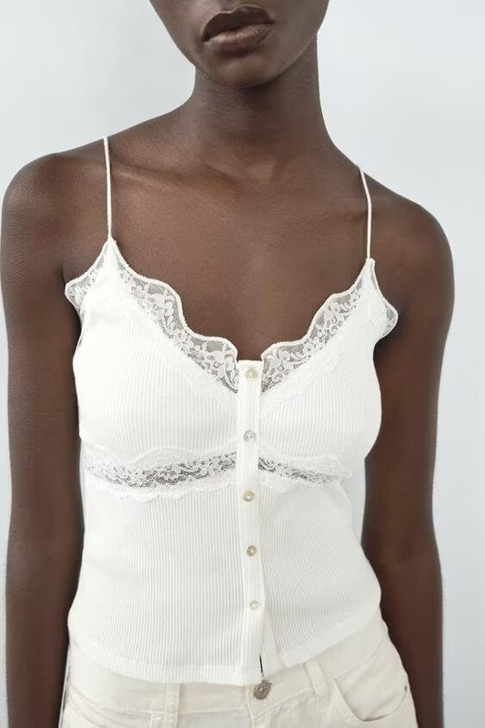 Summer Decorated Row Button Lace Rib Women Sling Vest