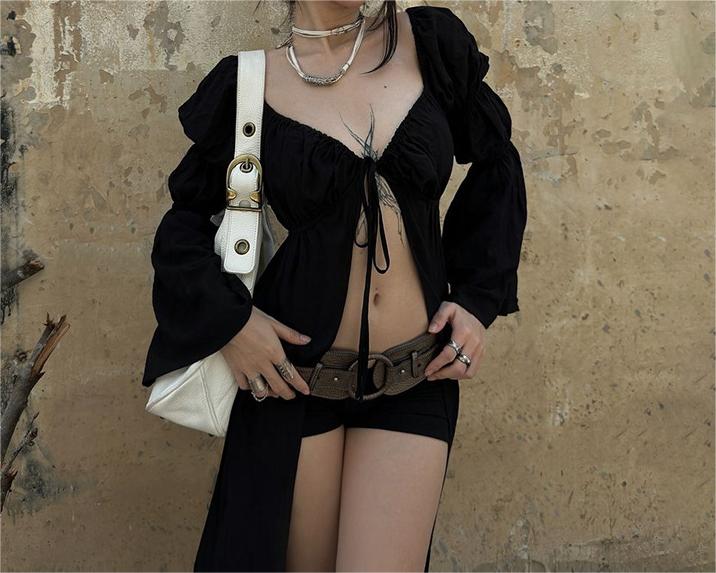 Summer Women Clothing Sexy Cardigan Lace up Design Slim Fit Long Sleeve Cropped Top