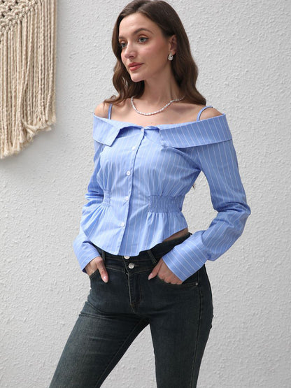 Women Clothing Striped off Shoulder Spaghetti Straps Long Sleeved Shirt Women Summer