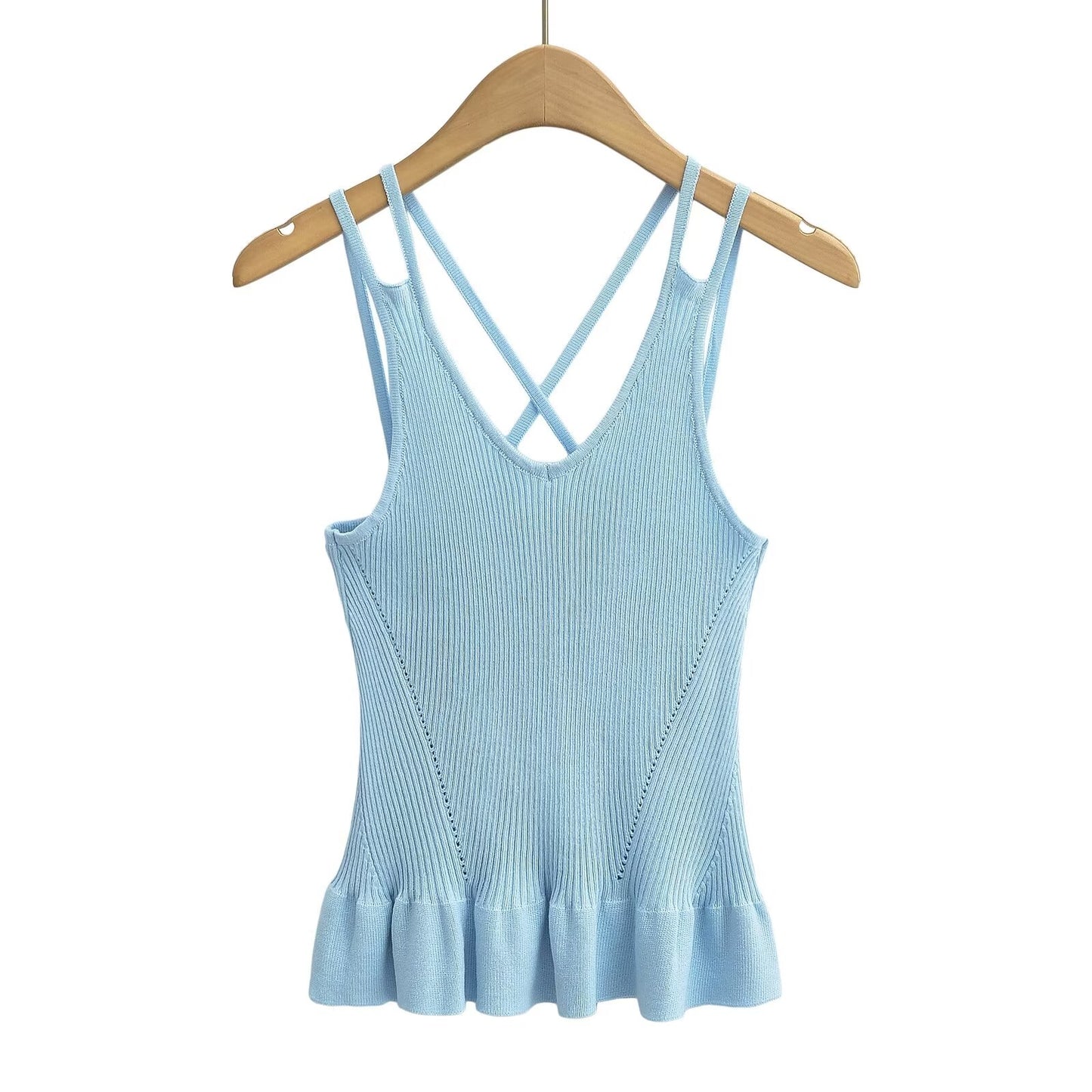 Camisola de punto azul claro con volantes para mujer