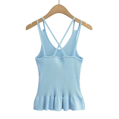 Camisola de punto azul claro con volantes para mujer