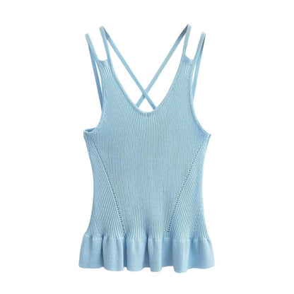 Camisola de punto azul claro con volantes para mujer