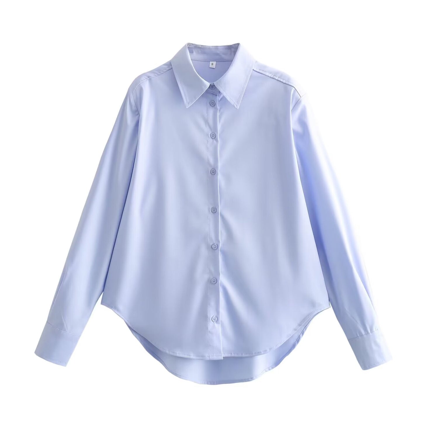 Camisa de manga larga informal holgada con cuello tipo polo de color liso con hombros acolchados para mujer