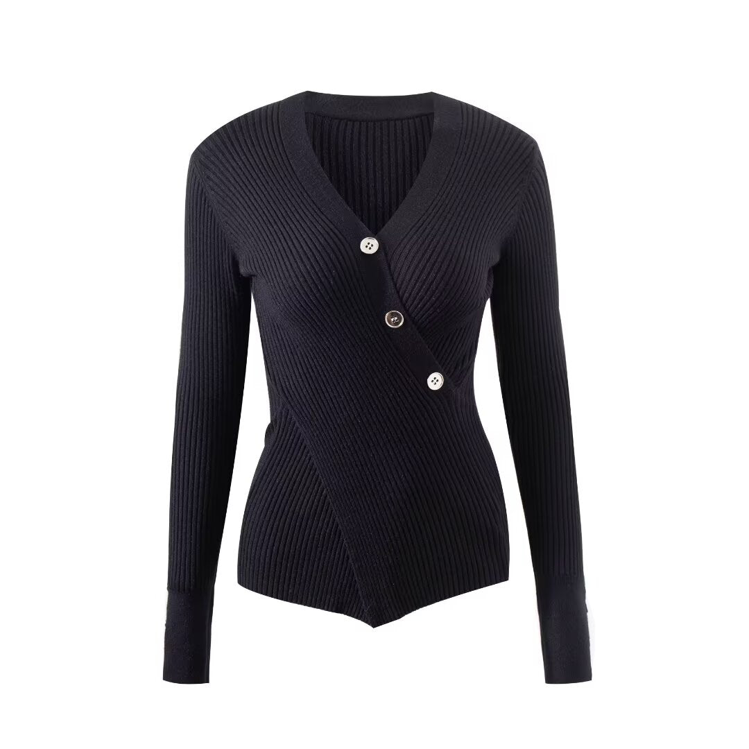 Sexy V neck Cross Button Sweater Women Fall Slim Fit Split Pullover Knitting Bottoming Shirt Inner Wear Blouse Women