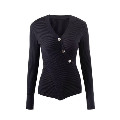 Sexy V neck Cross Button Sweater Women Fall Slim Fit Split Pullover Knitting Bottoming Shirt Inner Wear Blouse Women