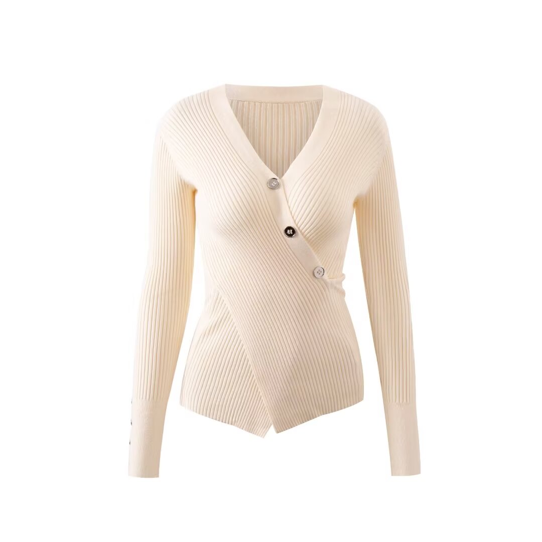 Sexy V neck Cross Button Sweater Women Fall Slim Fit Split Pullover Knitting Bottoming Shirt Inner Wear Blouse Women