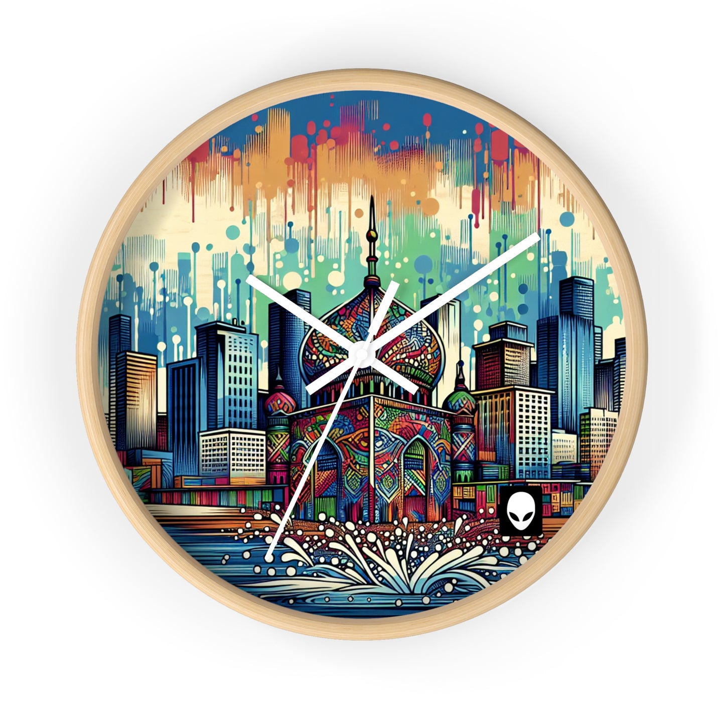 "Bright City: A Pop of Color on the Skyline" - The Alien Wall Clock Street Art / Graffiti Style