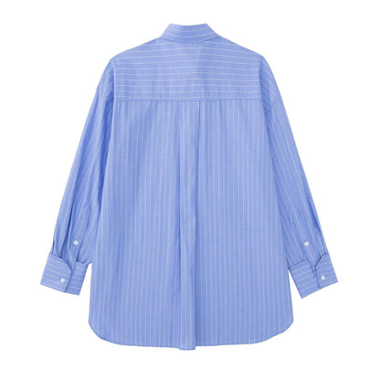 Women Striped Collared Loose Long Sleeve Casual Shirt