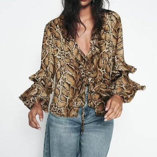 Fabricantes de ropa para mujer Camisa con estampado de leopardo y cuello en V para mujer Top holgado de manga larga con volantes