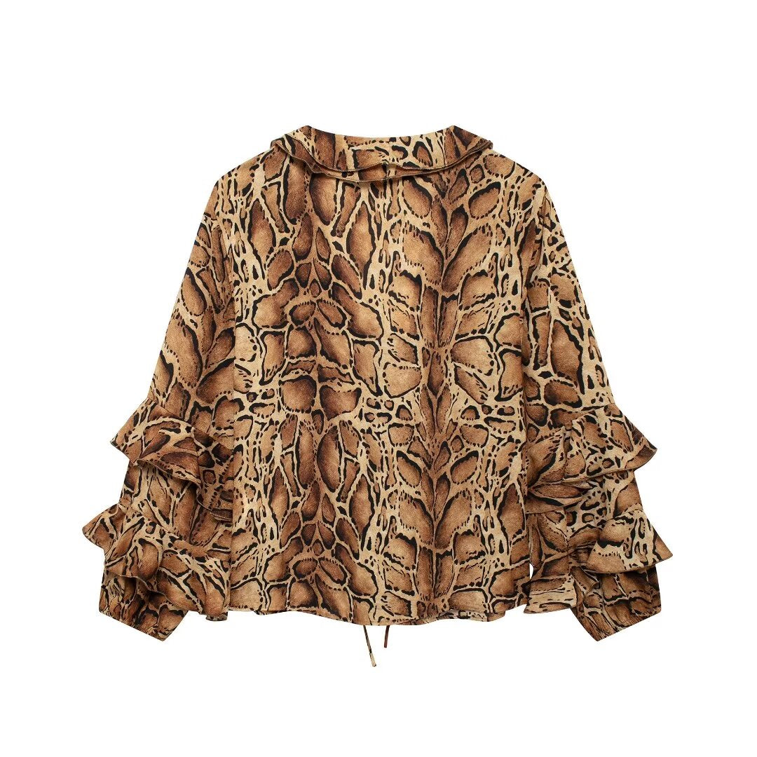 Fabricantes de ropa para mujer Camisa con estampado de leopardo y cuello en V para mujer Top holgado de manga larga con volantes