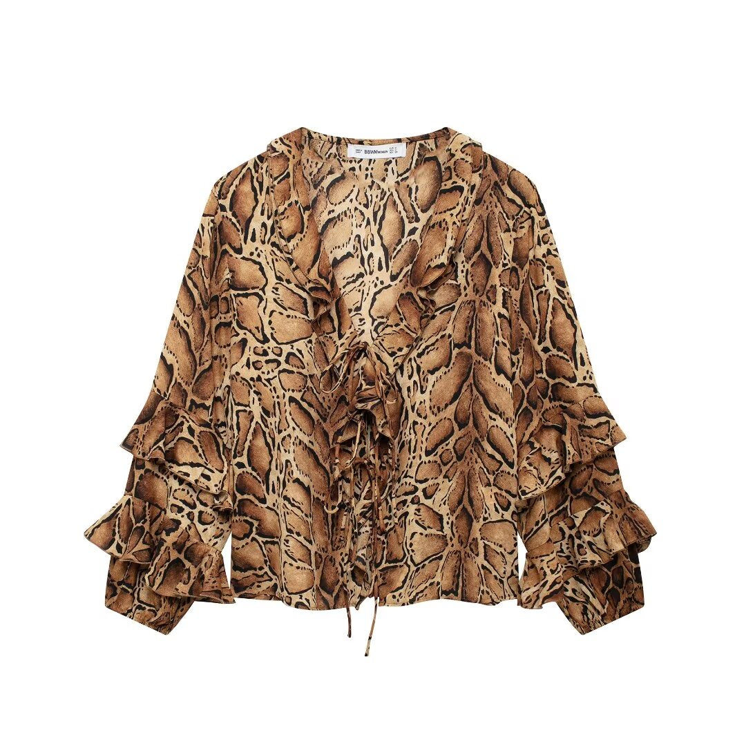 Fabricantes de ropa para mujer Camisa con estampado de leopardo y cuello en V para mujer Top holgado de manga larga con volantes