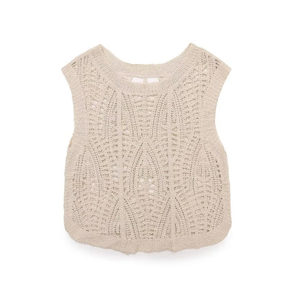 Women Clothing Loose Casual Hollow Out Cutout Sleeveless Crocheted Vest Top