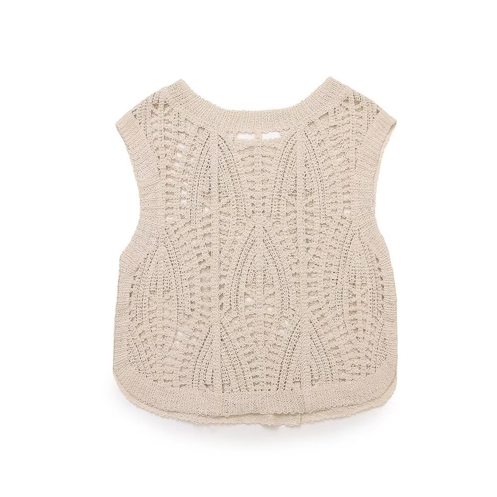 Women Clothing Loose Casual Hollow Out Cutout Sleeveless Crocheted Vest Top