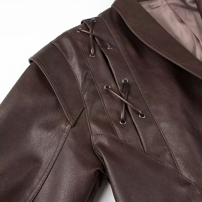 Women Clothing Autumn Winter Street Design Retro Leather Coat