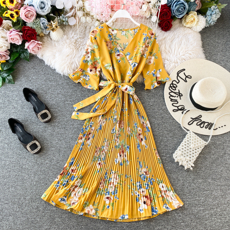 Pleated Dress Short Sleeve Summer New Retro Elegant Chiffon Printed V-neck Bell Sleeve Waist-Tight Slimming Maxi Dress