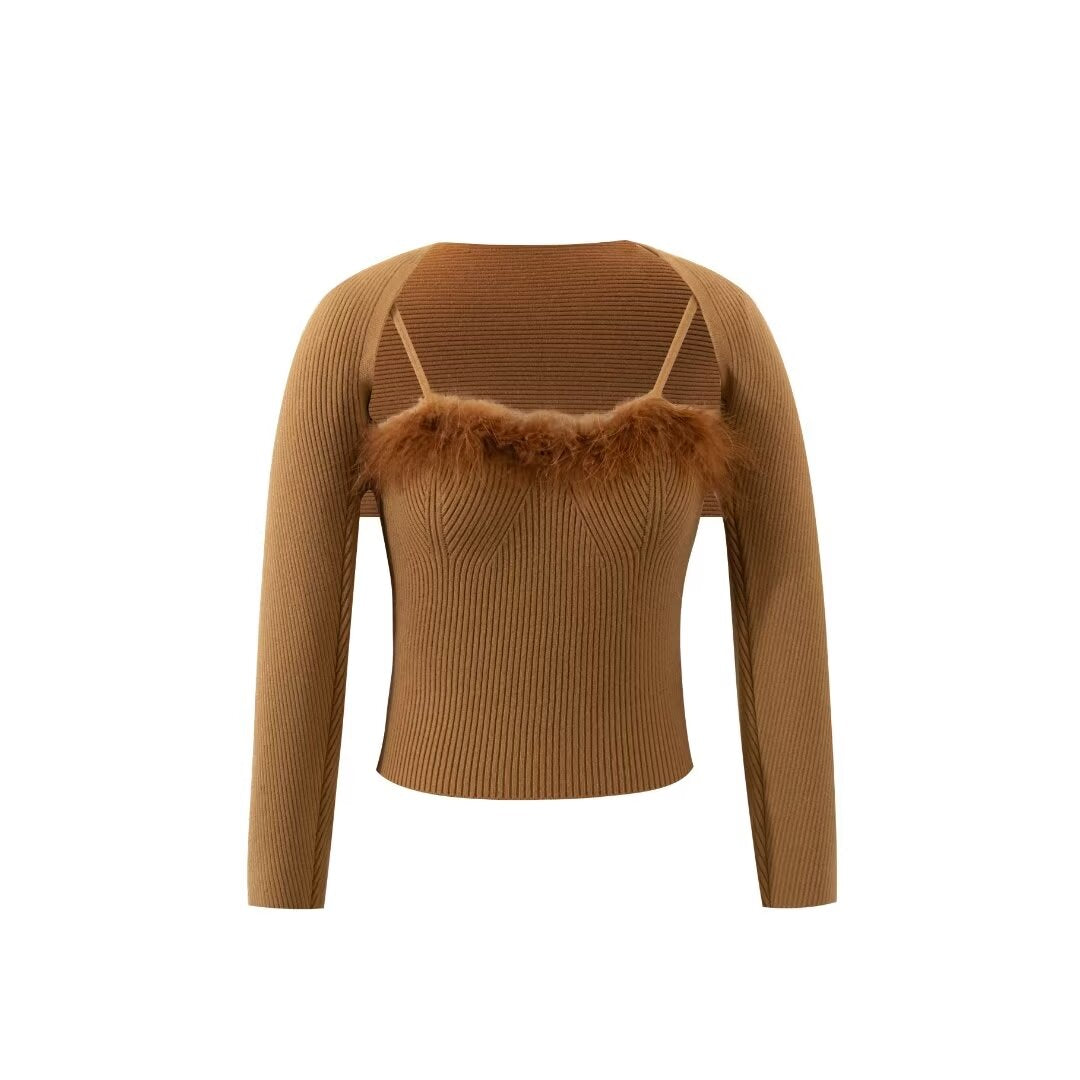 Süßer, würziger, purer, sexy, pelziger Camisole mit quadratischem Kragen, Schalkragen, zweiteiliges Set für Damen, Herbst-/Winterpullover