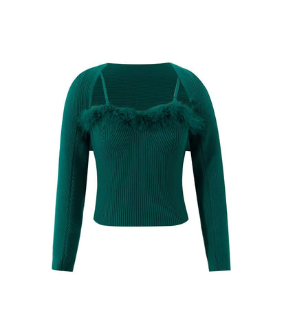 Süßer, würziger, purer, sexy, pelziger Camisole mit quadratischem Kragen, Schalkragen, zweiteiliges Set für Damen, Herbst-/Winterpullover